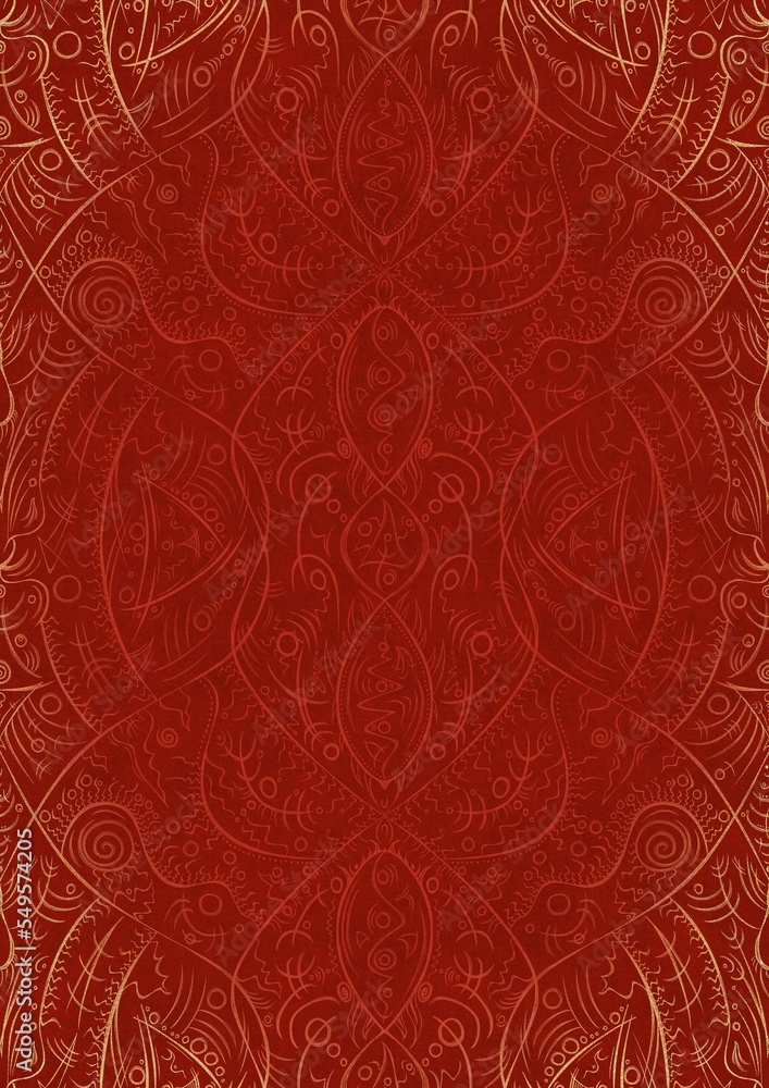 Hand-drawn unique abstract ornament. Light red on a bright red background, with vignette of same pattern in golden glitter. Paper texture. Digital artwork, A4. (pattern: p08-2d) Hand-drawn unique abstract ornament. Light red on a bright red background, with vignette of same pattern in golden glitter. Paper texture. Digital artwork, A4. (pattern: p08-2d)