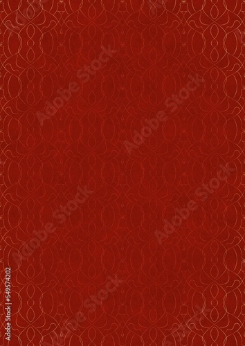 Hand-drawn unique abstract ornament. Light red on a bright red background, with vignette of same pattern in golden glitter. Paper texture. Digital artwork, A4. (pattern: p08-1f)