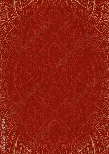 Hand-drawn unique abstract ornament. Light red on a bright red background, with vignette of same pattern in golden glitter. Paper texture. Digital artwork, A4. (pattern: p08-2d)