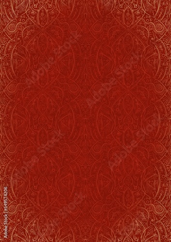 Hand-drawn unique abstract ornament. Light red on a bright red background, with vignette of same pattern in golden glitter. Paper texture. Digital artwork, A4. (pattern: p08-2e)