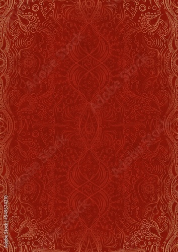 Hand-drawn unique abstract ornament. Light red on a bright red background, with vignette of same pattern in golden glitter. Paper texture. Digital artwork, A4. (pattern: p09d)