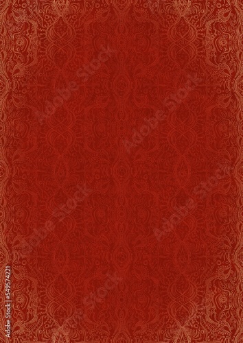 Hand-drawn unique abstract ornament. Light red on a bright red background, with vignette of same pattern in golden glitter. Paper texture. Digital artwork, A4. (pattern: p09e)