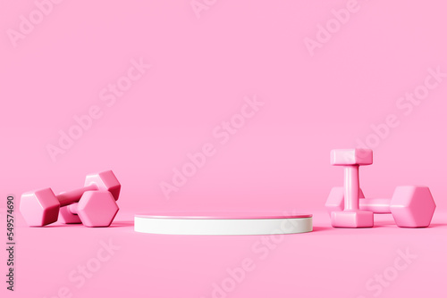 3D illustration. Dumbbells and pink empty podium for product display on an isolated background. photo