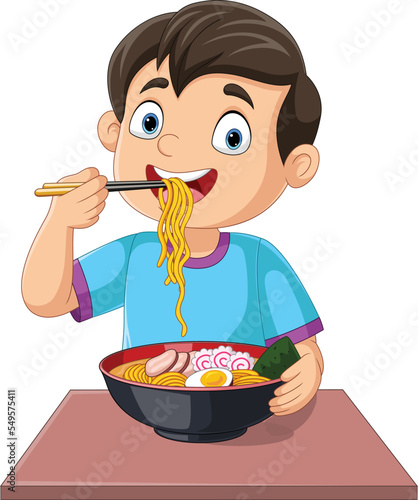 Cartoon little boy eating ramen noodle