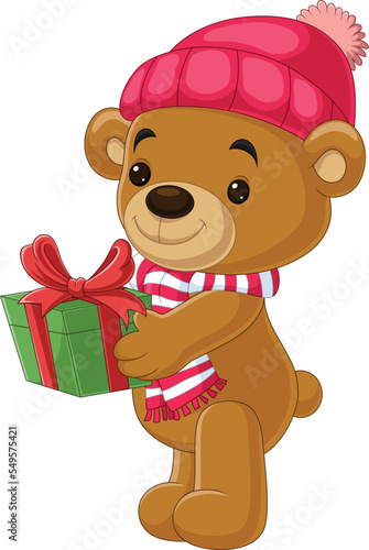 Cartoon teddy bear wearing scarf and hat holding gifts