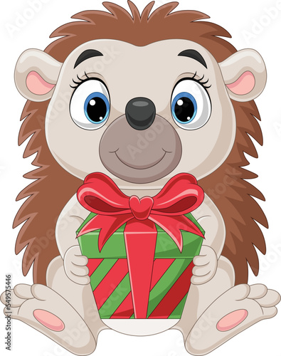 Cartoon little hedgehog sitting and holding gifts