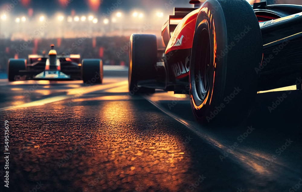 Asphalt of the international race track with a race car at the start. Racer on a racing car passes the track. - obrazy, fototapety, plakaty 