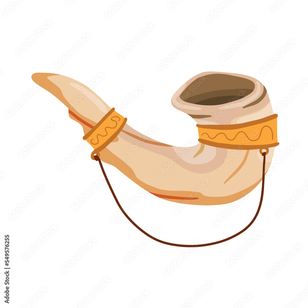 Jewish horn shofar. Ritual religious ancient trumpet. Flat cartoon