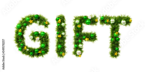 Beautiful christmas wreath in the shape of text GIFT with gold stars and green orbs on transparent background (RGBA 3D Rendering PNG) 