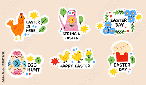 Easter spring doodle elements. Rabbit, flowers and chickens, cute easter theme symbols. Holiday easter icons cartoon illustration stickers with calligraphy text. Easter greeting cars. Hand draw child