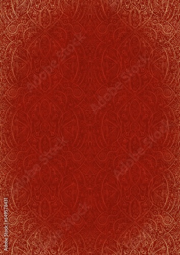Hand-drawn unique abstract ornament. Light red on a bright red background, with vignette of same pattern and splatters in golden glitter. Paper texture. Digital artwork, A4. (pattern: p08-2e)