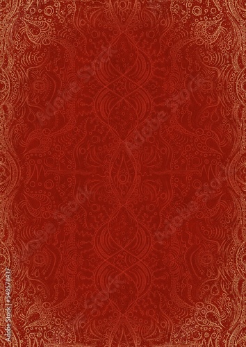 Hand-drawn unique abstract ornament. Light red on a bright red background, with vignette of same pattern and splatters in golden glitter. Paper texture. Digital artwork, A4. (pattern: p09d)