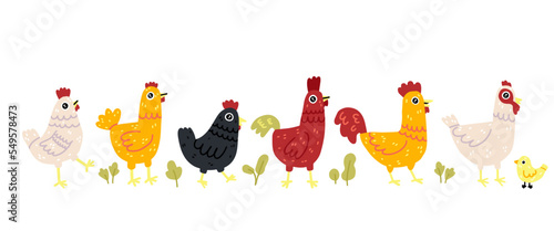 Print op canvas Chicken vector cartoon chick character hen and rooster