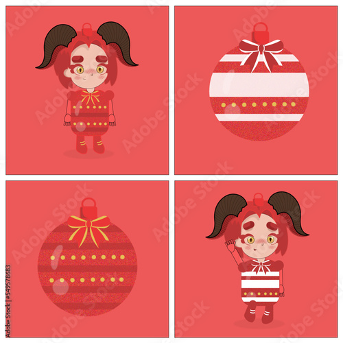 Conjunto de ilustraciones dibujadas a mano de personaje y decoraciones navideñas.