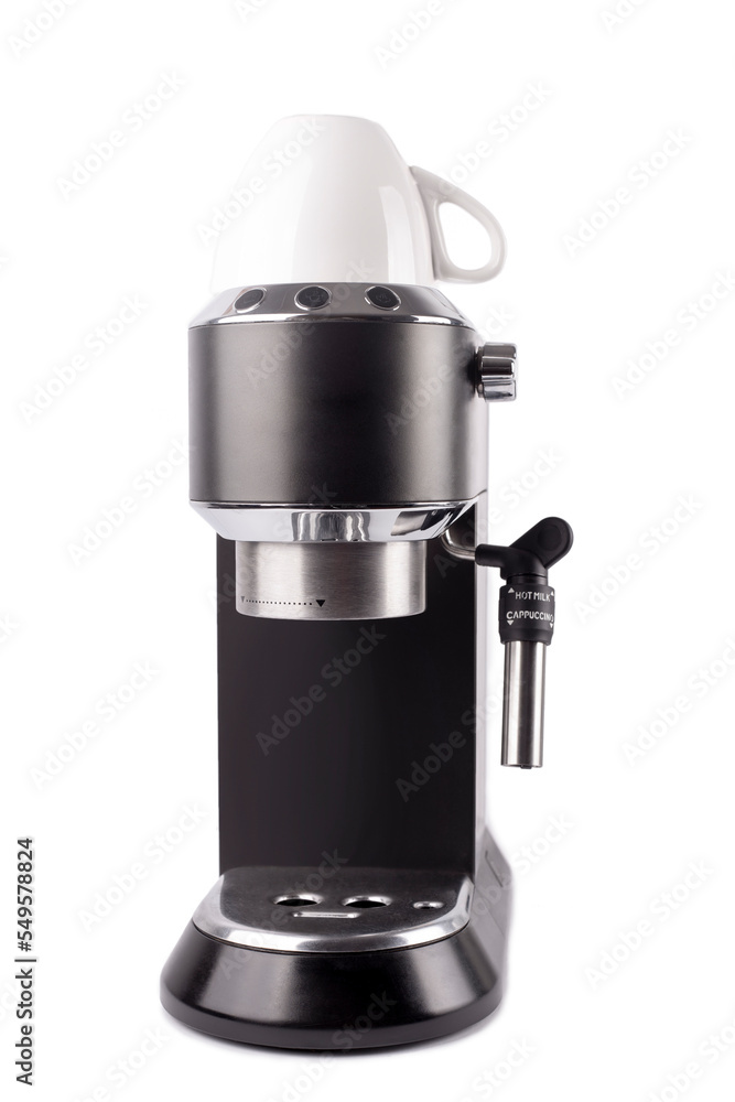 A close up of a compact espresso machine black isolated on white background
A close up of a compact espresso machine black isolated on white background