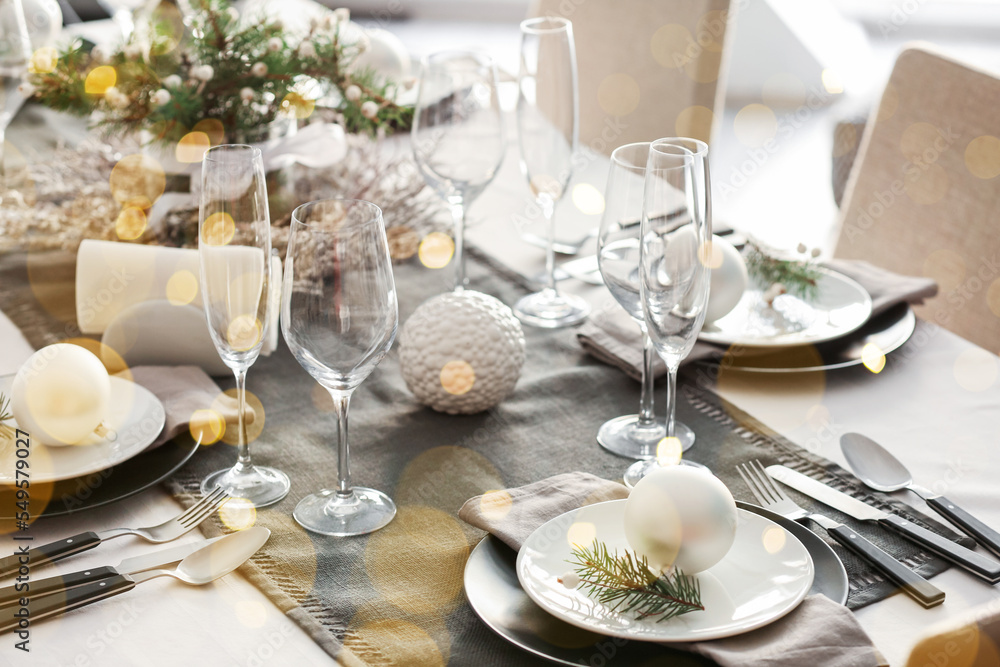 Fototapeta premium Beautiful table setting for Christmas dinner in room