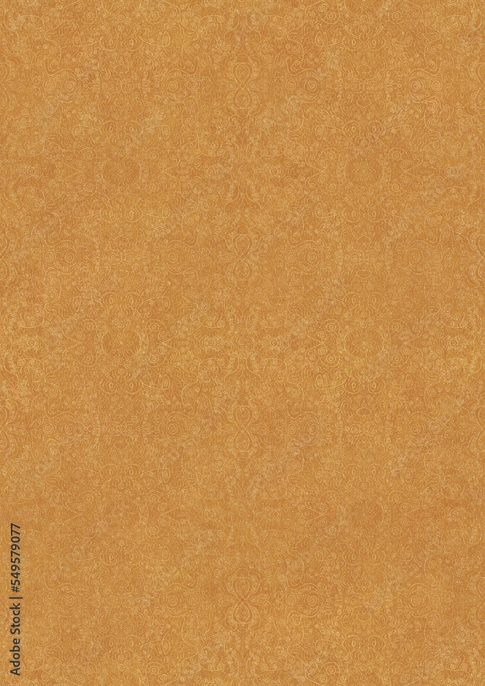 Fototapeta premium Hand-drawn unique abstract symmetrical seamless gold ornament on a yellow background. Paper texture. Digital artwork, A4. (pattern: p06e)