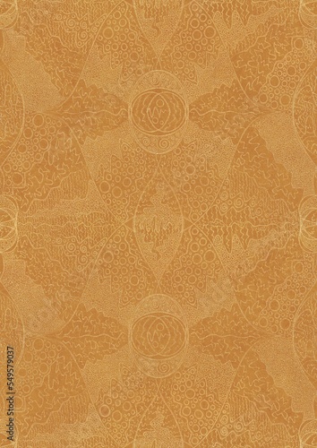 Hand-drawn unique abstract symmetrical seamless gold ornament on a yellow background. Paper texture. Digital artwork, A4. (pattern: p05d)