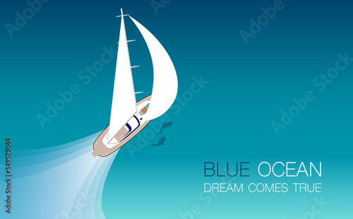 大きな白い帆の帆船セイルボートがきれいな青い海をイルカと一緒に快適に航海しているイラスト