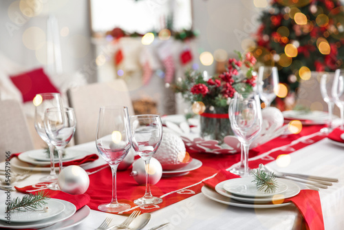 Beautiful table setting for Christmas dinner at home