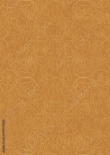 Hand-drawn unique abstract symmetrical seamless gold ornament on a yellow background. Paper texture. Digital artwork, A4. (pattern: p07-1d)
