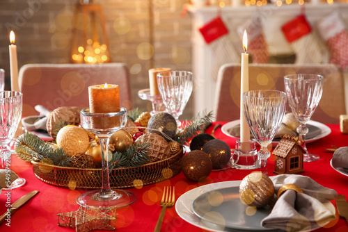 Fairy table setting for Christmas dinner at home