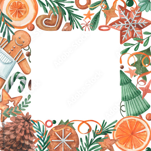 Winter christmas square border with traditional holiday elements. Frame with space for greetings. Postcard with gingerbread man, cookies, candies, dried oranges and branches in vintage style.
