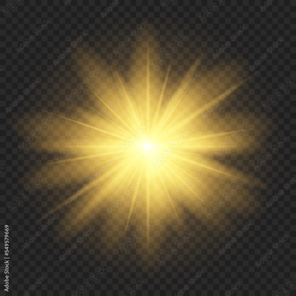 Golden glowing light explodes. Shining white star. Light effect bright star, Christmas star.