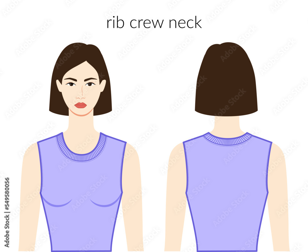 Rib crew neckline knits, sweaters clothes character beautiful lady in lavanda top, shirt, dress technical fashion illustration. Flat apparel template front, back sides. Women, men unisex CAD mockup Rib crew neckline knits, sweaters clothes character beautiful lady in lavanda top, shirt, dress technical fashion illustration. Flat apparel template front, back sides. Women, men unisex CAD mockup