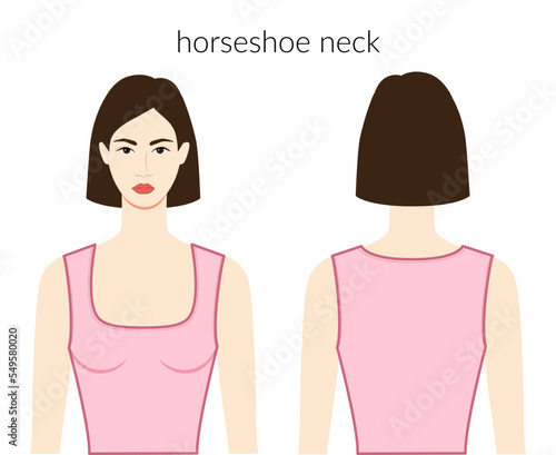 Horseshoe neckline clothes character beautiful lady in pink top, shirt, dress technical fashion illustration with fitted body. Flat apparel template front, back sides. Women, men unisex CAD mockup