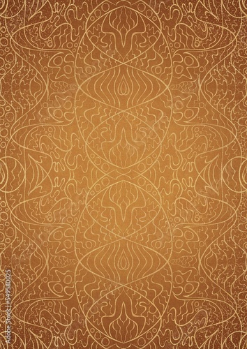 Hand-drawn unique abstract gold ornament on a yellow background, with vignette of darker background color and splatters of golden glitter. Paper texture. Digital artwork, A4. (pattern: p02-2d)