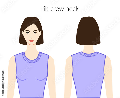 Rib crew neckline knits, sweaters clothes character beautiful lady in lavanda top, shirt, dress technical fashion illustration. Flat apparel template front, back sides. Women, men unisex CAD mockup