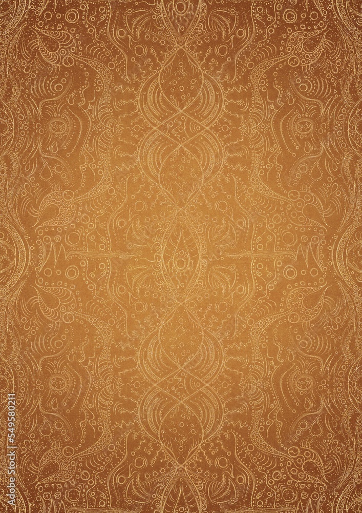 Hand-drawn unique abstract gold ornament on a yellow background, with vignette of darker background color and splatters of golden glitter. Paper texture. Digital artwork, A4. (pattern: p09d)