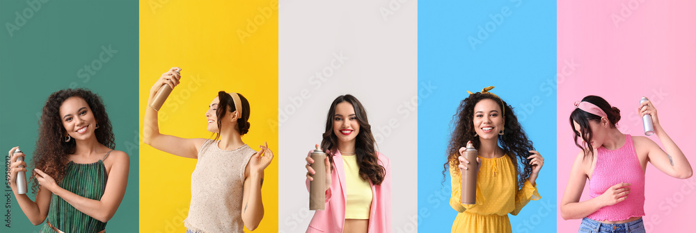 Obraz premium Set of attractive women with hair spray on colorful background