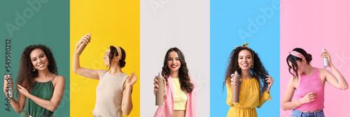 Set of attractive women with hair spray on colorful background