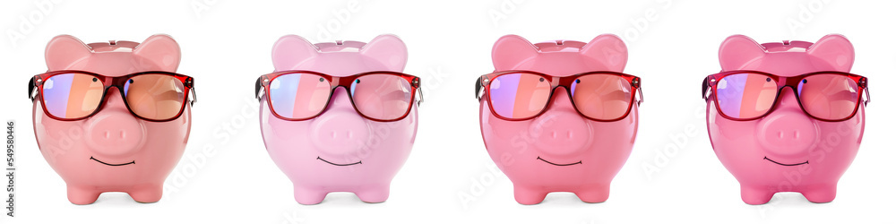 Collage of pink piggy banks with eyeglasses on white background Collage of pink piggy banks with eyeglasses on white background