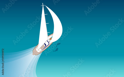 大きな白い帆の帆船セイルボートがきれいな青い海をイルカと一緒に快適に航海しているイラスト