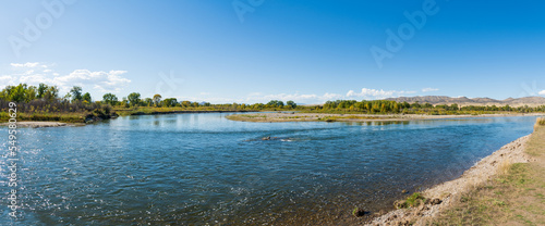 Panorama of the Start of the Missouri River as the Jefferson and Madison Rivers join to Form the Missouri River in Missouri Headwaters State Park near Three Forks, Montana, USA, Lewis & Clark Campsite photo