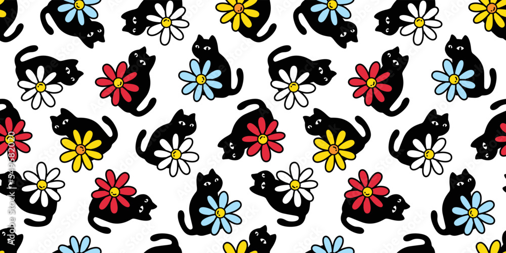 Fototapeta premium cat seamless pattern flower daisy kitten vector calico gift wrapping paper tile background scarf isolated repeat wallpaper cartoon illustration design
