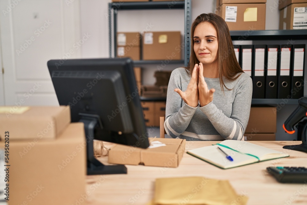 Young blonde woman ecommerce business worker having online deaf language conversation at office Young blonde woman ecommerce business worker having online deaf language conversation at office