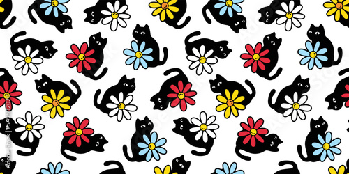 cat seamless pattern flower daisy kitten vector calico gift wrapping paper tile background scarf isolated repeat wallpaper cartoon illustration design
