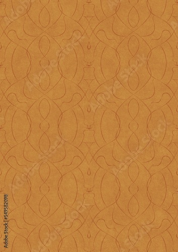 Hand-drawn unique abstract symmetrical seamless ornament. Light red on a yellow background. Paper texture. Digital artwork, A4. (pattern: p08-1e)