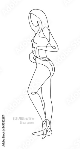 Vector slim girl profile on white background. Graphic linear illustration. Woman with beautiful figure. Elegant pose. Side view. Decorative art element for sports banner, advertisement layout design.
