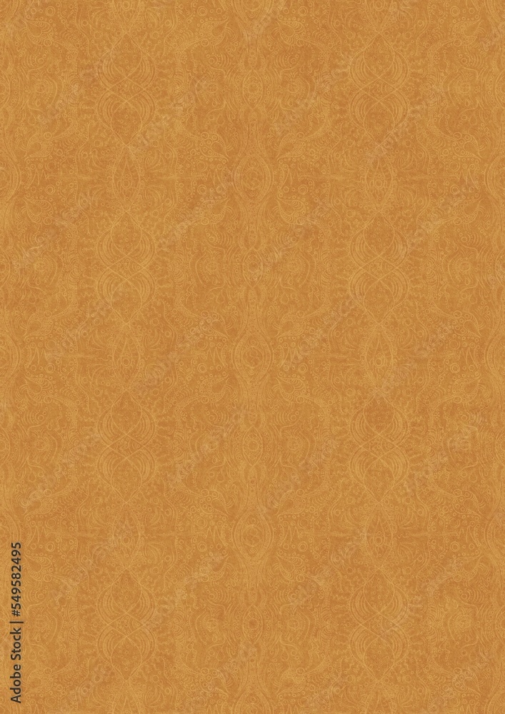 Fototapeta premium Hand-drawn unique abstract symmetrical seamless ornament light yellow on a darker yellow background, paper texture. Digital artwork, A4. (pattern: p09e)