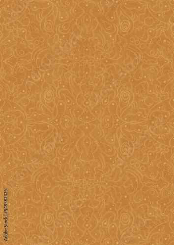 Hand-drawn unique abstract symmetrical seamless ornament light yellow on a darker yellow background, paper texture. Digital artwork, A4. (pattern: p07-2d)