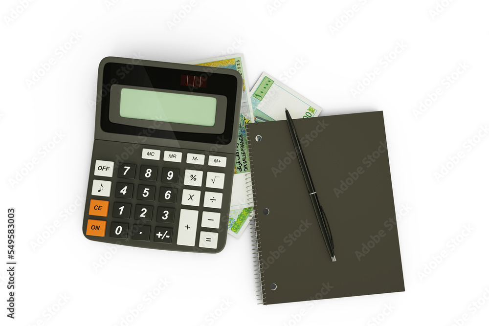 3D rendering of a composition of Djiboutian franc notes, a calculator, a note book and a pen isolated on white background. Tax background design concept 3D rendering of a composition of Djiboutian franc notes, a calculator, a note book and a pen isolated on white background. Tax background design concept