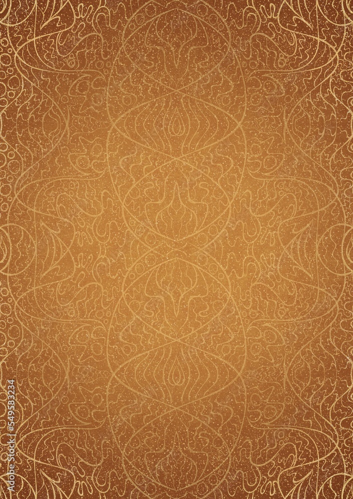 Hand-drawn unique abstract ornament. Golden splatters and light yellow on a darker yellow background and vignette in golden glitter on a darker background color. Paper texture. A4. (pattern: p02-2d) Hand-drawn unique abstract ornament. Golden splatters and light yellow on a darker yellow background and vignette in golden glitter on a darker background color. Paper texture. A4. (pattern: p02-2d)