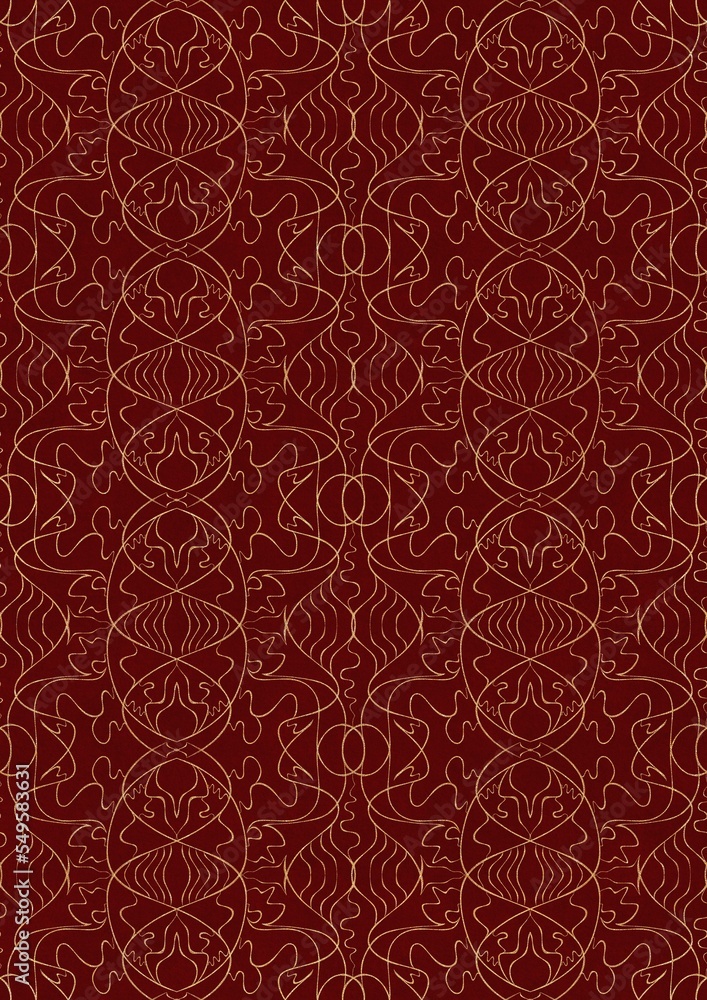 Hand-drawn unique abstract symmetrical seamless gold ornament on a deep red background. Paper texture. Digital artwork, A4. (pattern: p02-1e)