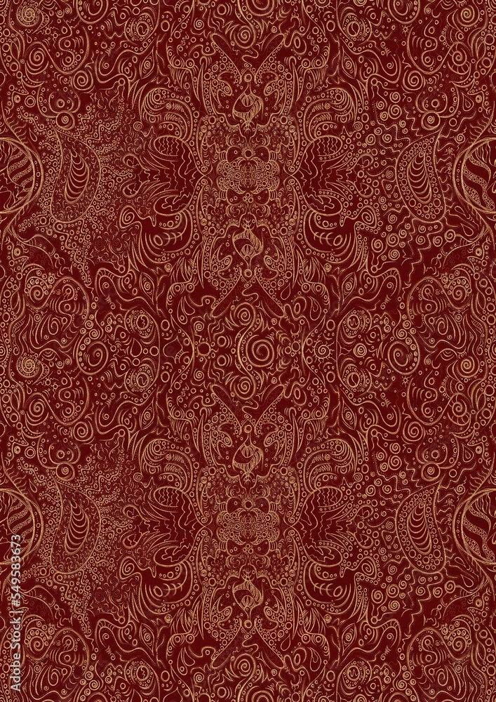 Hand-drawn unique abstract symmetrical seamless gold ornament on a deep red background. Paper texture. Digital artwork, A4. (pattern: p04d) Hand-drawn unique abstract symmetrical seamless gold ornament on a deep red background. Paper texture. Digital artwork, A4. (pattern: p04d)