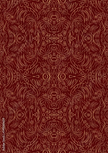 Hand-drawn unique abstract symmetrical seamless gold ornament on a deep red background. Paper texture. Digital artwork, A4. (pattern: p03d)